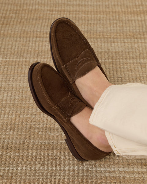 Men's dark brown suede leather Penny Loafers | Velasca